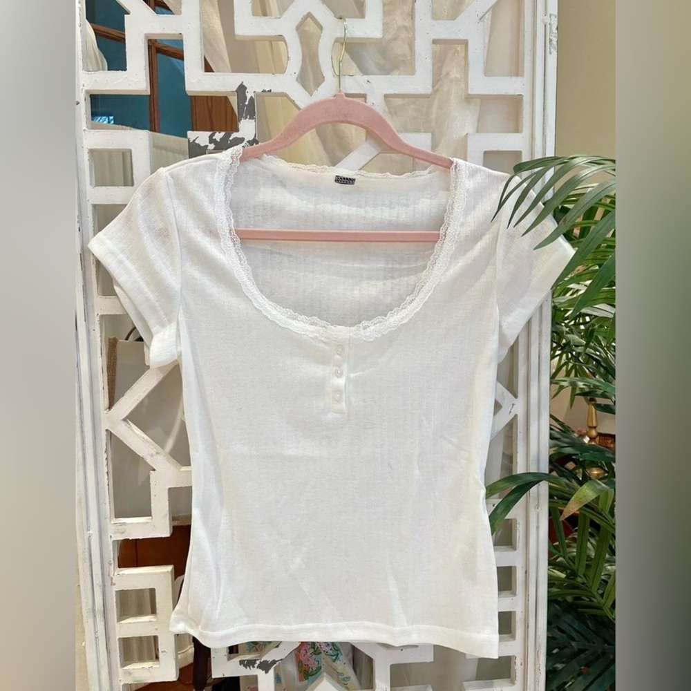 SHEIN White Lace-Trim Short Sleeve cotton blend Tee never worn